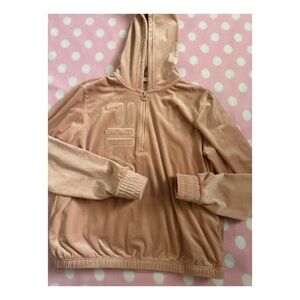 Fila Sweatshirt Women's LARGE  Velour
Hooded 1/4 Zip Pink Logo Spellout
Stretch